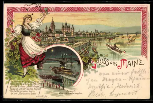 Lithographie Mainz, Ankunft eines Schnelldampfers bei Nacht, Maid mit Wein