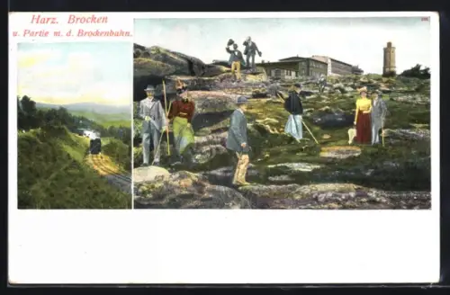 AK Brocken /Harz, Partie m. d. Brockenbahn, Wanderer