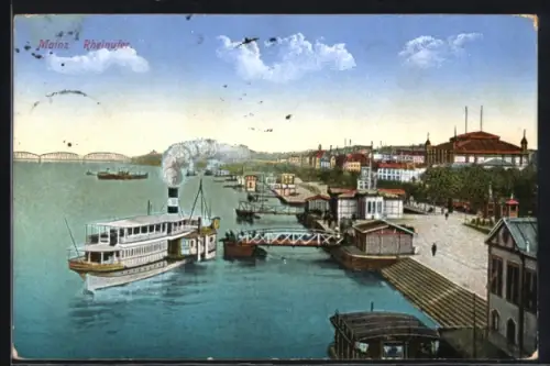AK Mainz, Rheinufer mit Dampfschiff