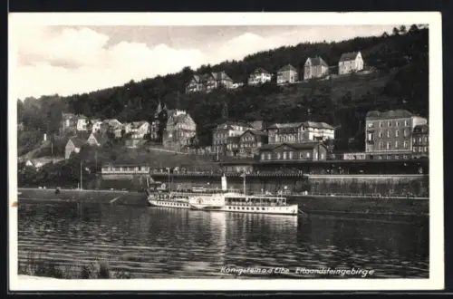AK Königstein a.d. Elbe, Elbansicht mit Dampfschiff