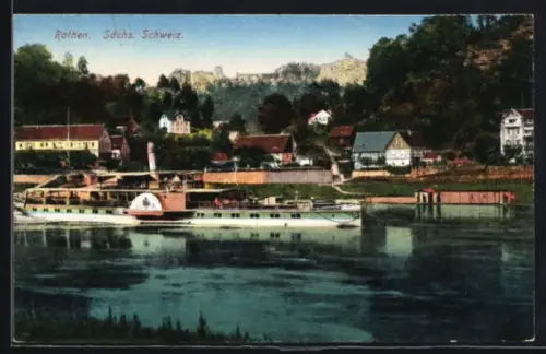 AK Rathen /Sächs. Schweiz, Dampfschiff im Ort