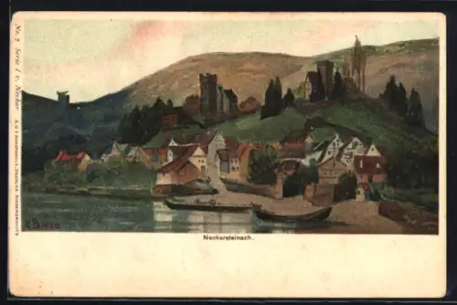 Lithographie Neckarsteinach, Ortsansicht mit Burgen und Neckarufer