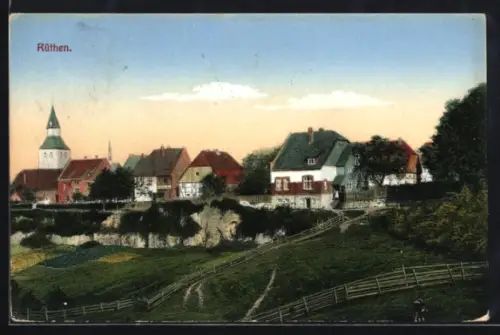 AK Rüthen, Ortsansicht mit Kirche und Wohnhäusern