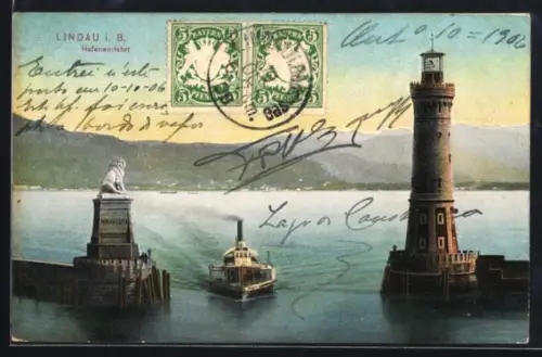 Lithographie Lindau i. B., Hafeneinfahrt mit Leuchtturm