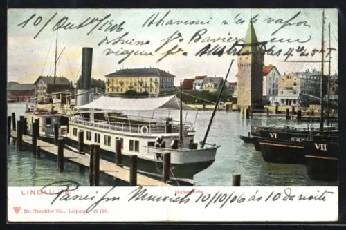 AK Lindau i. B., Hafenpartie mit Dampfschiff