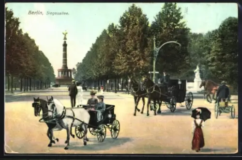 AK Berlin-Tiergarten, Siegesallee, Siegessäule, Kutschen, Spaziergänger