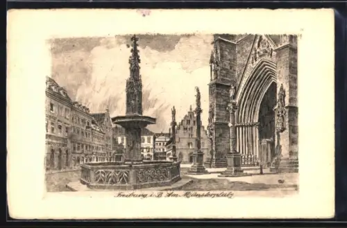 AK Freiburg i. B., Münsterplatz, Münsterportal, Brunnen