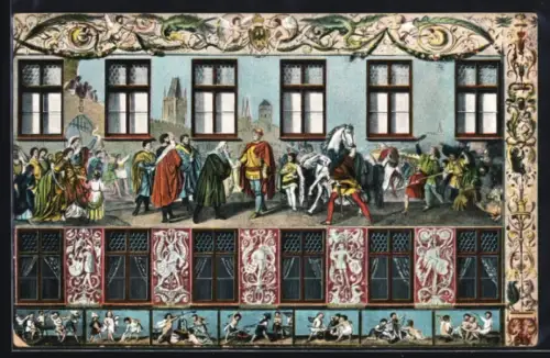 AK Augsburg, Fuggerhaus, Fresko Augsburg bietet Kaiser Ludwig dem Bayer Schutz 1350