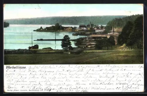 AK Werbellinsee, Seepanorama mit Ufer, Bootsanleger und Gebäuden