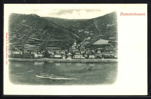 AK Assmannshausen, Ortsansicht mit Kirche und Rhein