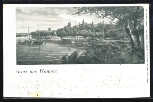 Lithographie Berlin-Wannsee, Blick auf See, Boote und Uferpromenade