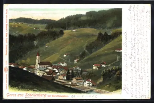 AK Schellenberg bei Berchtesgaden, Ortsansicht mit Kirche und umliegenden Häusern
