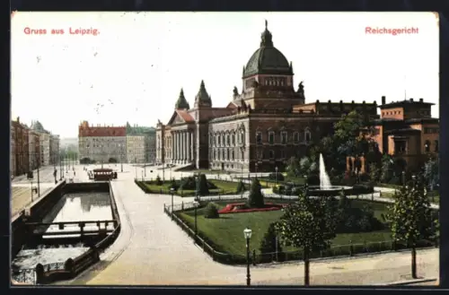 AK Leipzig, Reichsgericht, Brunnen, Promenade