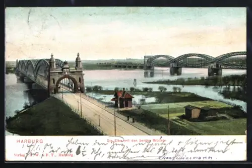 AK Harburg, Die Elbe mit den beiden Brücken