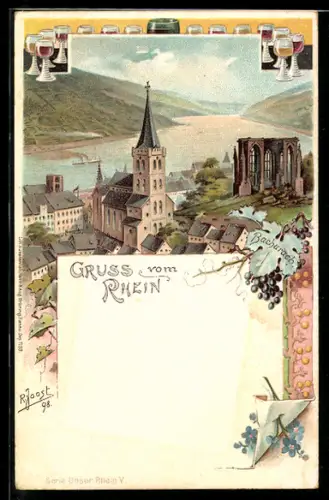 Lithographie Bacharach /Rhein, Kirche und Ruine am Rhein