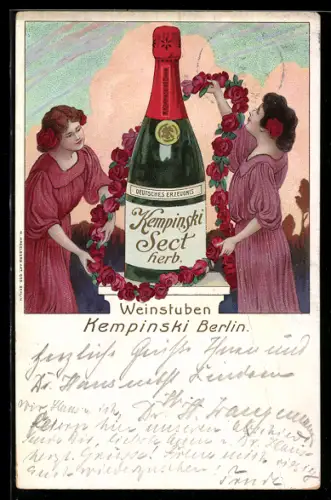 Lithographie Berlin, Weinstuben Kempinski, Sektflasche