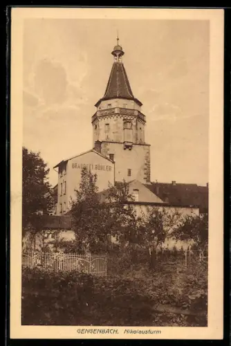 AK Gengenbach /Schwarzwald, Blick zum Nikolausturm, Brauerei Bühler