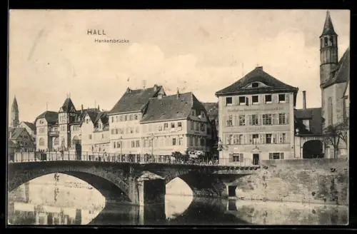 AK Hall, Gasthof u. Bierbrauerei zum goldenen Ritter, Blick zur Henkersbrücke