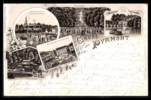 Lithographie Pyrmont, Hauptquelle, Brunnenplatz, Schloss