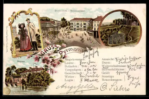 Lithographie Pyrmont, Brunnenplatz, Brunnenstrasse, Schloss