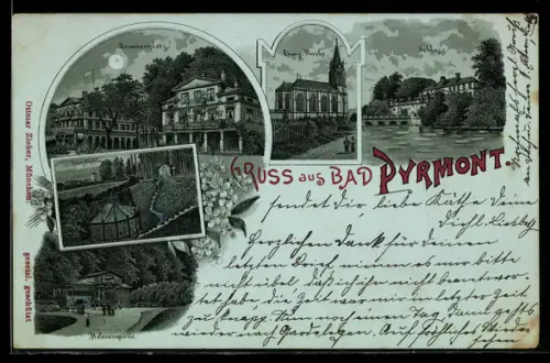 Mondschein-Lithographie Bad Pyrmont, Brunnenplatz, Evangelische Kirche, Schloss