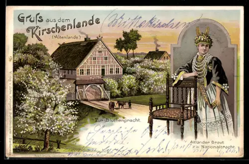 Lithographie Mittelnkirchen, Gasthaus Zur Blütenpracht, Altländer Braut in Nationaltracht