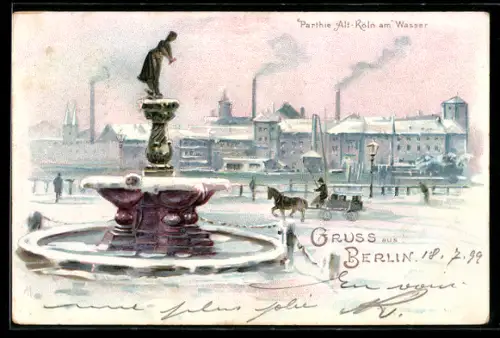 Winter-Lithographie Berlin, Alt-Köln am Wasser im Winter