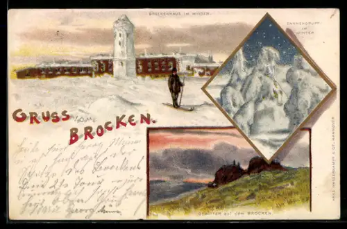 Winter-Lithographie Brocken, Brockenhaus im Winter, Gewitter auf dem Brocken