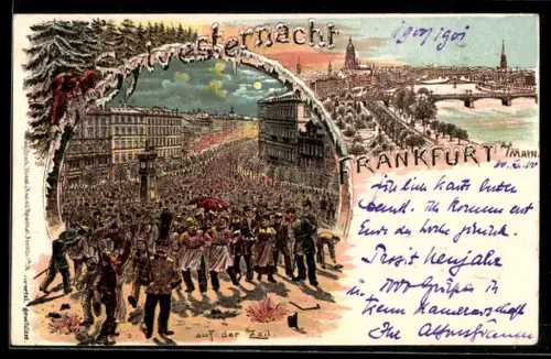 Winter-Lithographie Frankfurt a. M., Silvesternacht auf der Zeil