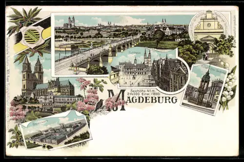 Lithographie Magdeburg, Der Dom, Rathhaus, Kaiser Otto Denkmal