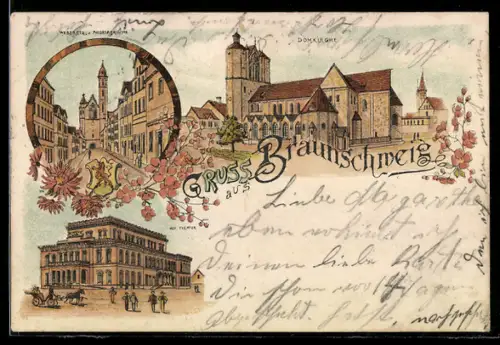 Lithographie Braunschweig, Weberstrasse und Andreaskirche, Domkirche, Hof-Theater