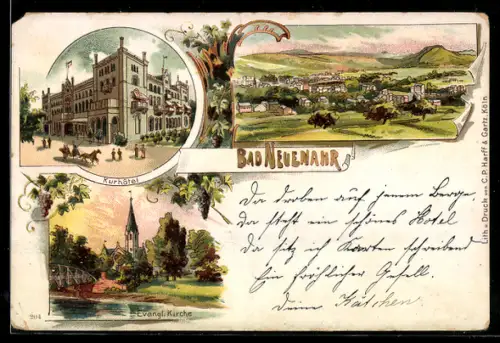 Lithographie Bad Neuenahr, Kurhotel, Evangl. Kirche, Ortsansicht