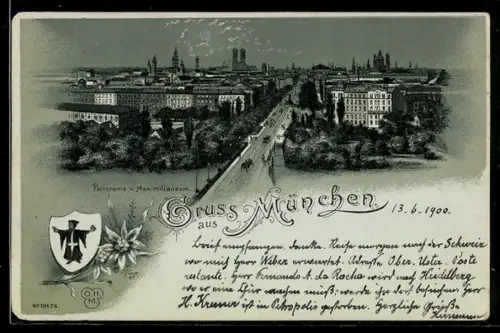 Mondschein-Lithographie München, Panorama vom Maximilianeum, Münchner Kindl