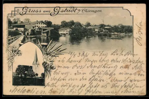 AK Gstadt, Kirche, Ortsansicht, Ruderboot