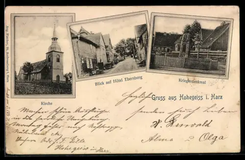AK Hohegeiss i. Harz, Hotel Ebersberg, Kirche, Kriegerdenkmal