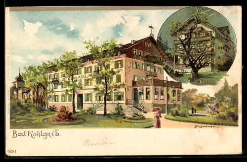 Lithographie Bad Kohlgrub, Hotel Kurhaus und Hotel Bellevue