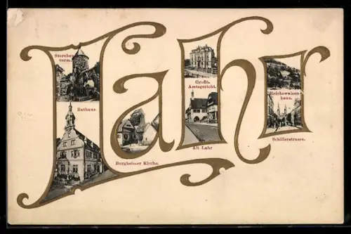 Präge-AK Lahr, Strassenpartie, Burgheimer Kirche, Rathaus