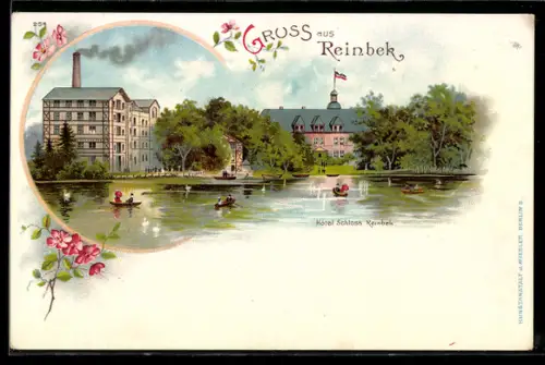 Lithographie Reinbeck, Hotel Schloss Reinbek vom See aus gesehen