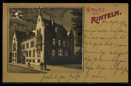 Mondschein-Lithographie Rinteln, Landratsamt mit Strassenpartie