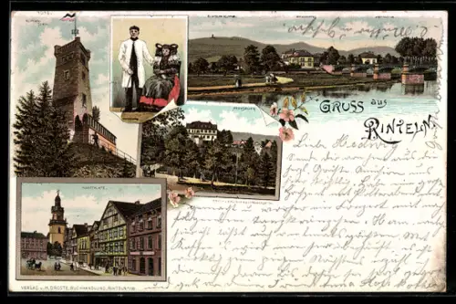 Lithographie Rinteln, Marktplatz, Arensburg und Rinteler Trachten