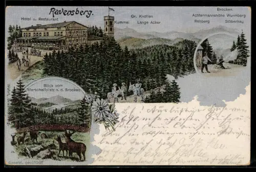 Lithographie Ravensberg, Hotel und Restaurant Ravensberg mit Gr. Knollen, Brocken und Wurmberg, Marschallplatz