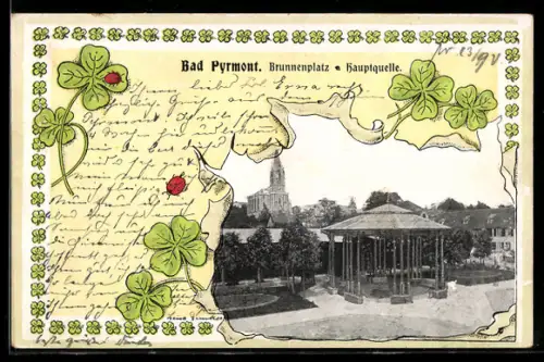 Lithographie Bad Pyrmont, Hauptquelle am Brunnenplatz, Im Hintergrund Kirche, Kleeblätter mit Marienkäfern, Passepartout