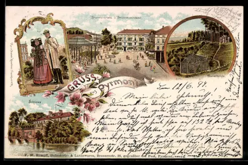 Lithographie Pyrmont, Schloss, Brunnenplatz und Brunnenstrasse, Dunsthöhle