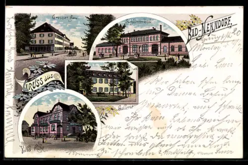 Lithographie Bad-Nenndorf, Schlammbad, Grosser Bau, Galerie, Villa Ruhe