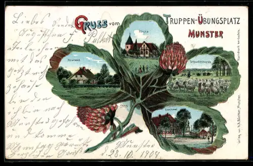 Passepartout-Lithographie Munster, Heuhaus, Denkmal und Kirche im Kleeblatt