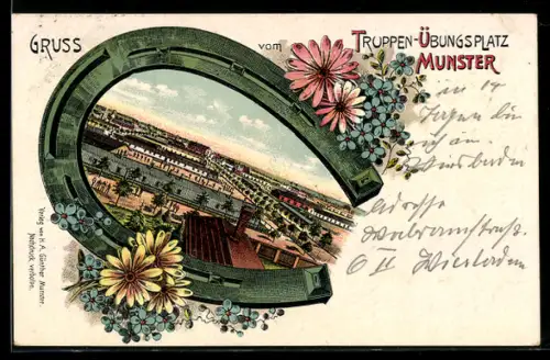 Lithographie Munster, Truppen-Übungsplatz, Hufeisen-Passepartout