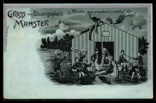 Mondschein-Lithographie Munster, Übungsplatz, Soldaten besaufen sich