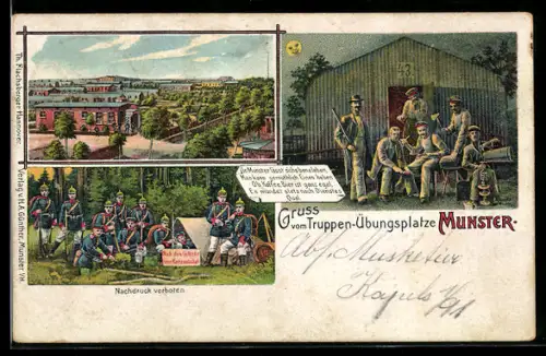 Künstler-AK Munster, Truppen-Übungsplatz, Soldaten am Zelt und vor der Baracke
