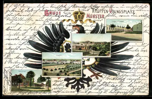 Lithographie Munsterlager, Lagestrasse im Truppen-Übungsplatz, Denkmal, Reichsadler