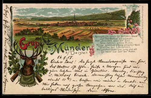 Lithographie Münder a. Deister, Teilansicht, Hirsch mit Gewehren